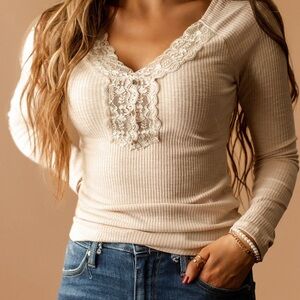 Cream Lace-Trimmed Ribbed Top